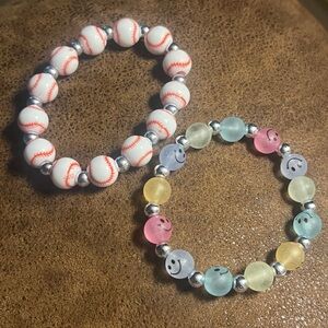 Kids Baseball and Smiley Face Bead Bracelets B12